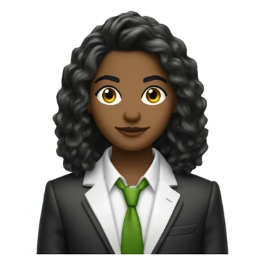 uma jovem de cabelo castanho com mechas loiras sendo o comprimento até os ombros e levemente ondulado.  Olhos verdes, vestindo uma blusa branca com blazer preto, sorrindo e de braços cruzados. sticker