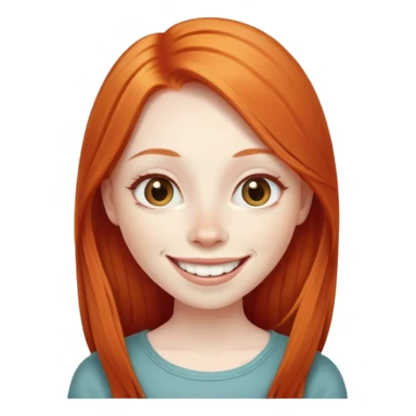 traditional emoji of young girl with very pale skin, long straight bright ginger red hair, elongated almond-shaped eyes, long nose, big smile with large prominent teeth showing, classic round face sticker