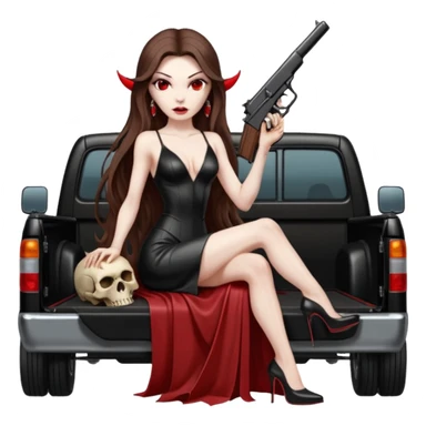Lilith symbol red eye seductress evil long brown haired sexy succubus woman with leather long dress with slit on, sitting in Big Large F350 pickup truck. Platform long high heels on feet. Back seat full of stacks of cash, she is  Holding a man dead human skull of her enemies and a gun in other hand sticker