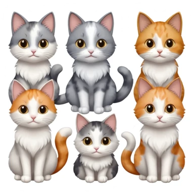 6 realistic looking cats with different natural coloured coats, assorted grey and white, greys, calico, brown and white colours etc
 sticker