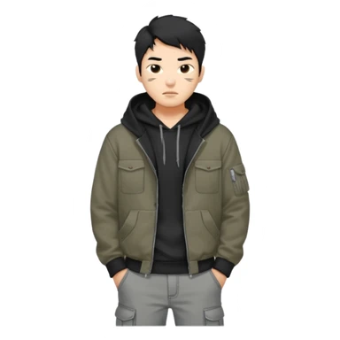 Black hair wolf cut Korean man wearing black hoodie and grey baggy cargo jeans.  sticker