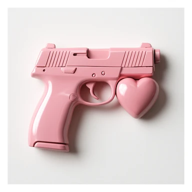 Refine the photorealistic pink heart pistol: increase the realism, add subtle metallic reflections, enhance the glossy finish, and improve the heart shape details, on a white background. Maintain photorealistic style with subtle metallic reflections and glossy finish. sticker