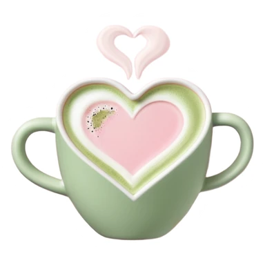 Emoji d’une tasse rose pastel avec anse, vue du dessus, matcha mousseux, latte art rose pastel en forme de cœur ou feuille, style minimaliste, sans yeux. sticker