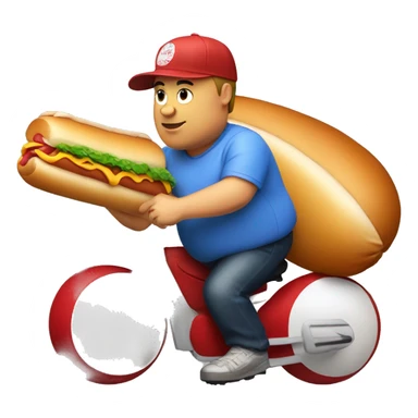 Fat man riding a hot dog wearing a baseball cap sticker