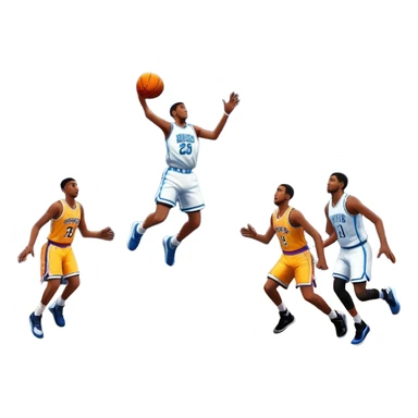 An icon featuring a basketball court with players in action, inspired by NBA 2K25. A player jumps for a dunk, with the ball mid-air. Bright lights illuminate the court, symbolizing the excitement of sports simulation games. Transparent background emphasizes the energy. sticker