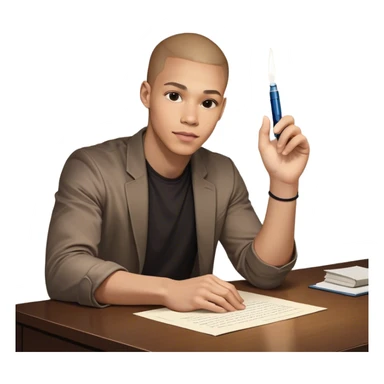 A man sitting on desk. A glowing hand emerges from within a piece of paper, symbolizing the future self. The hand extends forward, offering a pen, as if passing over the ability to take action. The pen is illuminated, representing the moment of decision—the choice to stop procrastinating and start. sticker