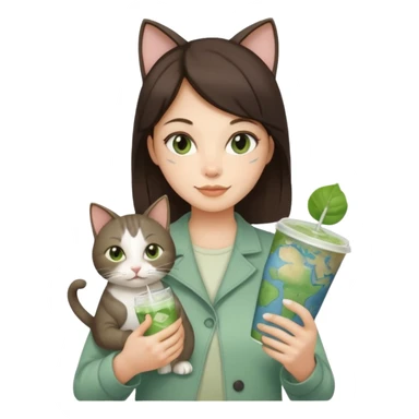 a brunette woman in here 30S drinking an iced matcha, carrying a grey cat and a map of the world sticker