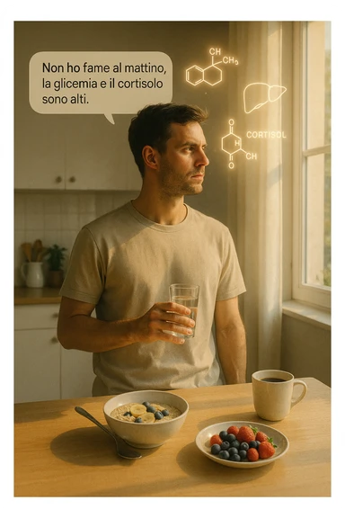A realistic, cinematic illustration of a man in his early 30s with a lean, healthy build, standing calmly in a bright, minimal kitchen in the early morning. On the kitchen table, there is a prepared but untouched healthy breakfast (oatmeal, fruit, coffee). The man, with a neutral and focused expression, holds a glass of water while looking out of the window where morning sunlight enters. Above him, subtle glowing medical icons display: a glucose molecule, a cortisol hormone symbol, and a liver icon, indicating high morning blood sugar and cortisol levels. A small speech bubble or text overlay says: ‘Non ho fame al mattino, la glicemia e il cortisolo sono alti.’ The scene conveys a sense of calm, clarity, and body awareness, showing that the man consciously avoids breakfast due to physiological signals rather than restrizione. The style is realistic, warm, with a slight film grain, emphasizing health and conscious self-regulation. in italiano sticker