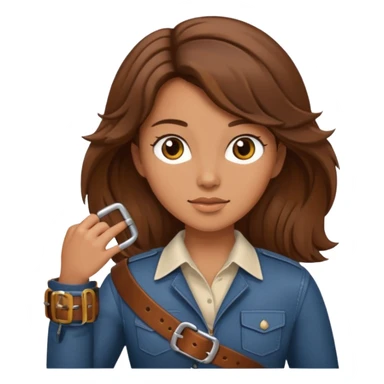 Woman with puffy brown hair, holding  a belt  sticker