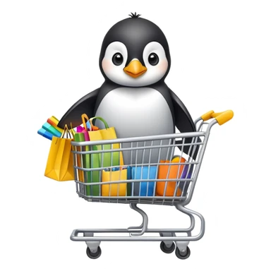 cute baby penguin sitting in a shopping cart filled with shopping items and colorful shopping bags sticker