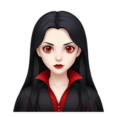 make a vampire with long black hair, pale, brown eyes, with some red spots on her face, wearing a black outfit sticker