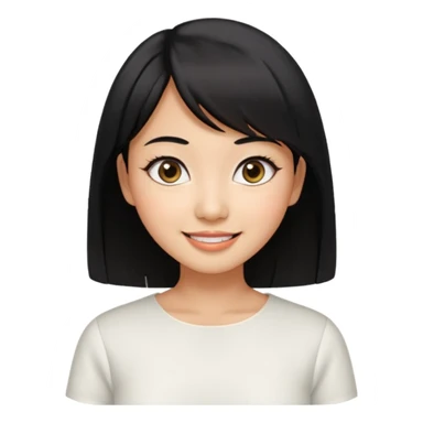 30 yr old asian woman center parted hair big eyes big smile tanned skin straight black hair hippie part hair white blouse shoulder length hair middle parted hair few short bangs at front trendy hair sticker
