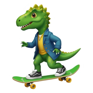 a dinosaur on a skateboard wearing a coat with sneakers in the bottom sticker