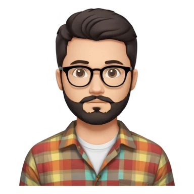 a 30-year-old man with light skin, medium solid build, wide face, soft cheeks, rounded jawline, neutral relaxed expression, short dense full beard, wavy voluminous brown-black hair at the front, large rectangular black thick frame glasses, colorful button-up shirt open showing white t-shirt sticker