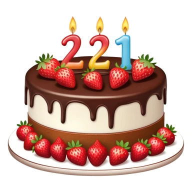 A birthday cake with the number twenty one  on it and the cake is chocolate and straw berries and nice burning candles sticker