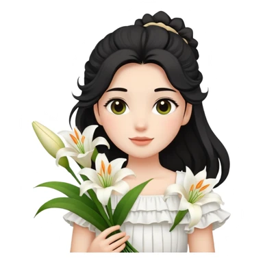  A girl with a black half-up half-down hairstyle, and a white ruffled top, enjoying the spring breeze.Holding a bundle of lily sticker