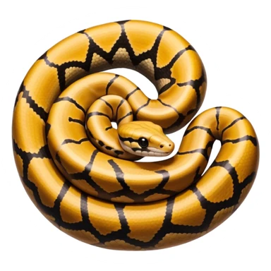 A photo-realistic top-down view of a Ball Python gently coiled into a tight spiral, with its head resting peacefully at the center. Its scales are warm brown with bold, irregular black markings, including the distinctive “alien-head” pattern, flowing smoothly along its body.  sticker