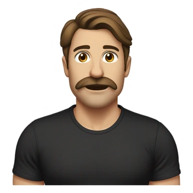 Brown haired guy with a mustache eyes rolling back board blowing air out of his mouth black T-shirt in his late 30s ￼ brown mustache and hair is in a ponytail sticker