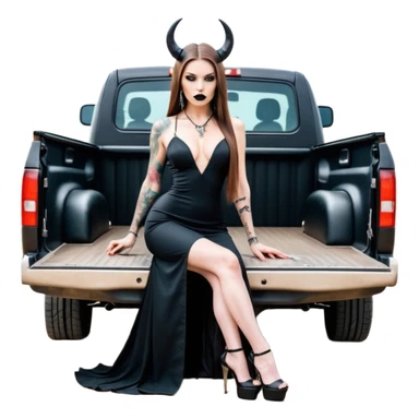 Sensual queen long brown straight haired mafia woman with black shiny platform high heels on her feet, black devil horns on her head, tattoos on arms , holding a human head skull. in the back seat of a large big new model F350 pickup truck full of cash wearing long sex dress with big butt sticker