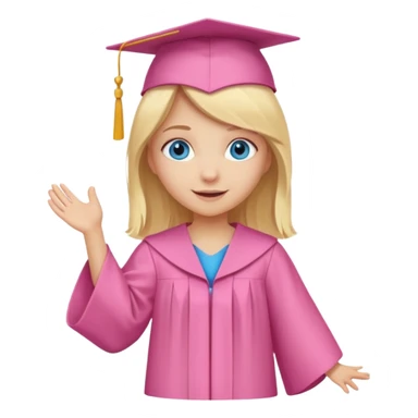 blonde hair blue eyed girl wearing a pink graduation cap and gown, full body, cheerful expression sticker