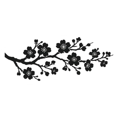 long sakura branch with solid fill, monochrome, eastern style, no background, for sign decoration, 1200x100px sticker