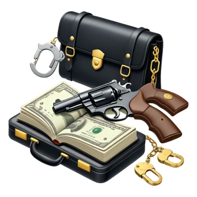 Icon for Action & Crime Reading: open book with text and picture, silhouette of a gun, a bag of money, a police badge. Surrounding elements include a pair of handcuffs, a briefcase and scattered bullet casings. Transparent background. sticker