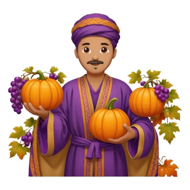 Tan Moroccan man sitting holding with pumpkin and purple grapes in countryside  sticker