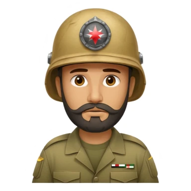 very tired Iraqi military, in a helmet, with a beard sticker