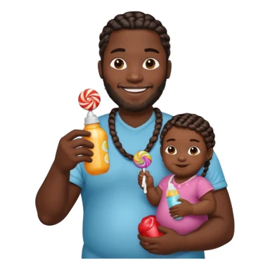Big black man with braids hold a  baby bottle and a lollipop sticker