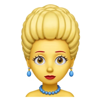 3D emoji head-only, smooth plastic, soft studio light, big round eyes, bold outline, centered, transparent bg,
Marge Simpson, yellow skin, tall cylindrical blue beehive hair, red bead necklace, overbite, no earrings, no eyelashes, no blonde hair sticker