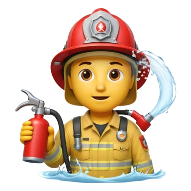 A 3D Apple-style yellow emoji character dressed as a firefighter in a bright red uniform and helmet, holding a fire hose spraying water forward, determined expression with cartoonish eyes, water splashing effect, clean minimal background sticker