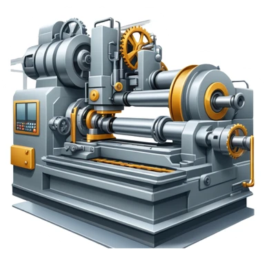 An icon featuring a giant machine tool in a factory, manufacturing machines. The design includes gears, mechanical parts, and a production line, representing the art of mechanical engineering and industrial design. Transparent background highlights precision engineering and manufacturing processes. sticker