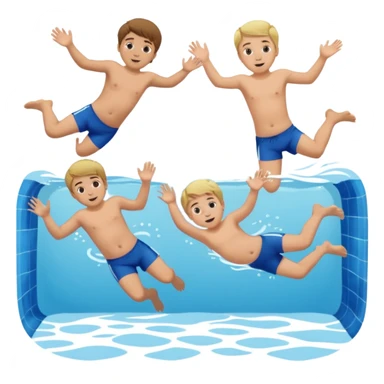 Two blond boys, the third boy with brown hair and a little baby girl with braun hair doing a belly flop in to a pool full of water. Show the pool sticker