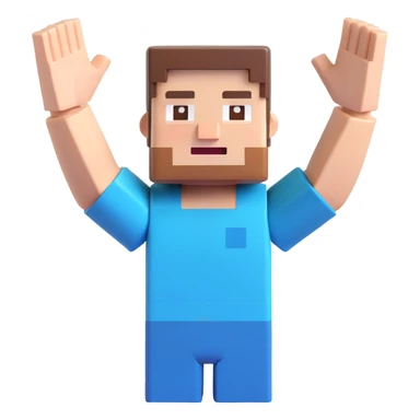 Minecraft Steve jumping, arms up, blocky pixelated look, happy face, 3D emoji style sticker