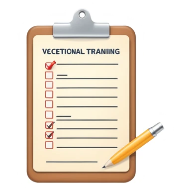 A flat-style illustration of a clipboard with a checklist, symbolizing vocational training. Clean, simple, cartoon style, white background, iOS emoji aesthetic. sticker