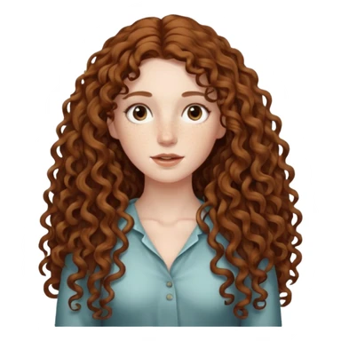 pale woman with brown curly very long hair, middle part. the hair is very long, waist length, but you can't see her waist sticker