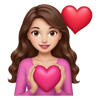 girl with long wavy brown hair, brown eyes, long lashes makeup, sexy pink lips, light to medium complexion, wearing a pink sexy top, smiling, holding a big heart sticker