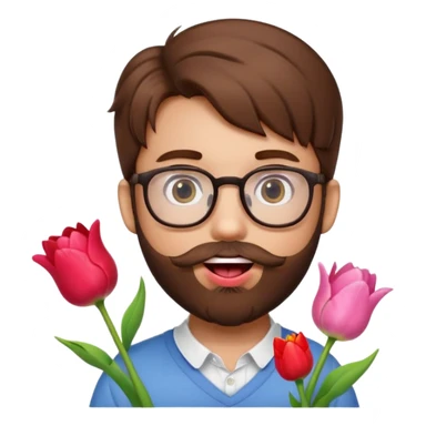 Brown hair guy and a heart shaped eyes with his tongue out with a beard and glasses with a hello kitty and a tulip in his hand   sticker