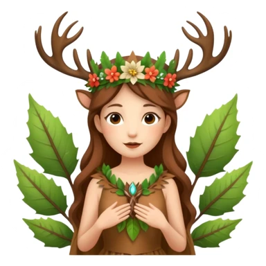 forest fairy woman dressed as deer spirit, antler crown and leaf dress, standing in flowers sticker