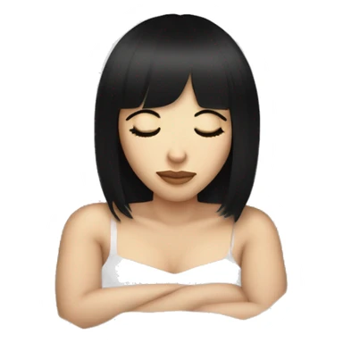 Woman pale skin black hair with bangs sleeping in bed with pillow, white woman sticker