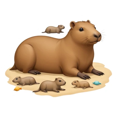 a capybara with a seal laying on a peaceful beach with other capybaras close by sticker