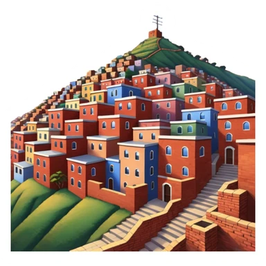 Urban Peruvian hillside neighborhood, brick houses stacked on steep hills, unfinished red brick buildings, colorful painted facades, narrow stairways, electric cables crossing the sky, sunset lighting, realistic style, cinematic, high detail in the desert sticker