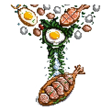 Pixel art protein explosion with chicken breast, steak, salmon, and egg shooting upward from bottom, with sparkle effects, DNA pixel animations around them, and simplified muscle figure outline in background sticker