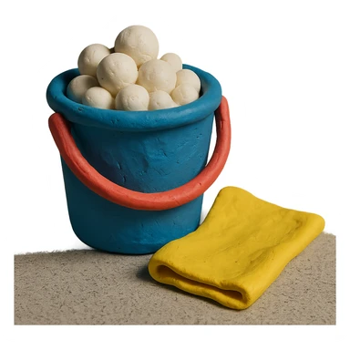 bucket with bubbles and cleaning cloth in claymation style, soft matte finish sticker