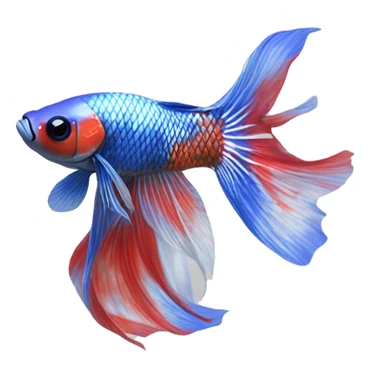 A Koi Betta with a marbled pattern of red, white, and metallic blue. Its long, flowing fins mirror the vibrant body, with a shimmering blue iridescence sticker