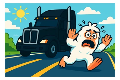 Move the black semi truck behind the small, scared abominable snowman while keeping the highway, distant view, and 45-degree angle of the semi intact. Maintain the overall composition and perspective as in the original image. sticker