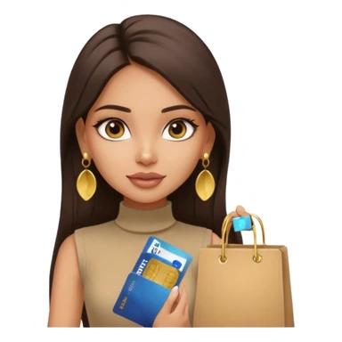 a pretty bratz fair indian girl wearing a beige sleeveless turtleneck, golden earrings, straight ling hair, holding bank cards, dark brown hair, carrying shopping bags sticker
