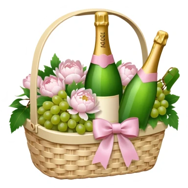 White Picnic basket with light pink bow, white peonies, grapes and one pink champage bottle inside sticker