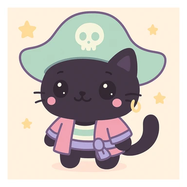 Male pirate cat in kawaii style with an oversized green hat, cute face, black fur, and a gold earring. sticker