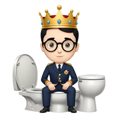 King Charles III with royal crown sitting on a toilet, wearing round glasses and black hair sticker